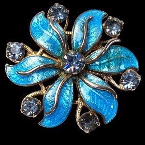 Vintage Blue Enamel Rhinestone Flower Brooch Pin Mid Century Guilloche Style
